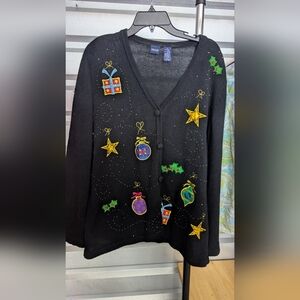 Basic Editions Black Holiday Cardigan with Festive Embellishments